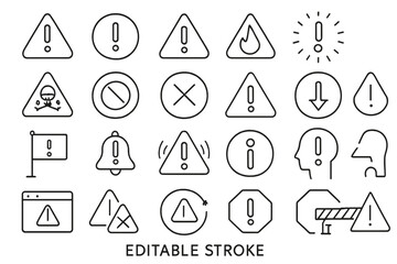 Various warning icons designed with editable outlines and symbols for safety and caution in informational materials
