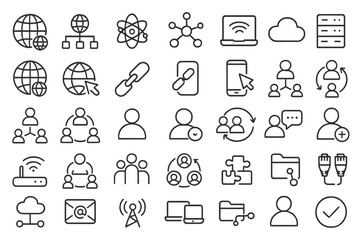 Icons representing digital technology, internet connectivity, and data exchange in a minimalist style for educational or professional use