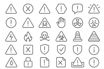 Collection of warning symbols and icons for safety and hazard communication in various contexts