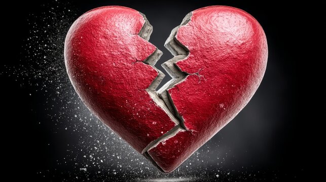 Cracked red heart on dark background symbolizing heartbreak and emotion