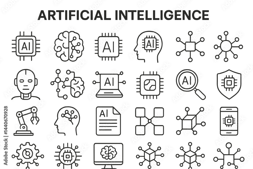 Poster exploration of artificial intelligence concepts with symbols and icons representing technology, data