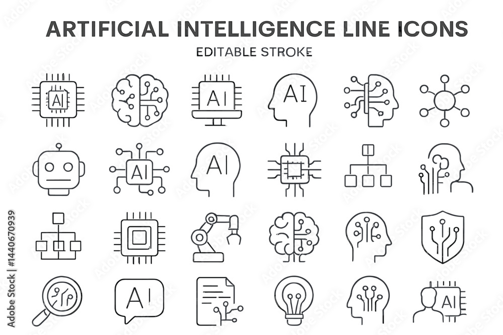 Fototapete collection of artificial intelligence line icons showcasing various related concepts and technologie