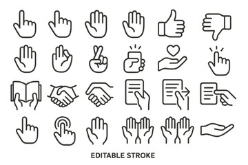 Hand gesture icons representing various activities and actions in a minimalistic design suitable for digital communication