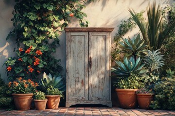 Aged wooden cabinet in a sun-drenched garden setting.