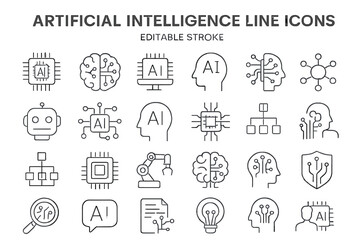 Collection of artificial intelligence line icons showcasing various related concepts and technologies suitable for digital design projects