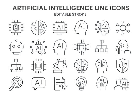 Collection of artificial intelligence line icons showcasing various related concepts and technologies suitable for digital design projects