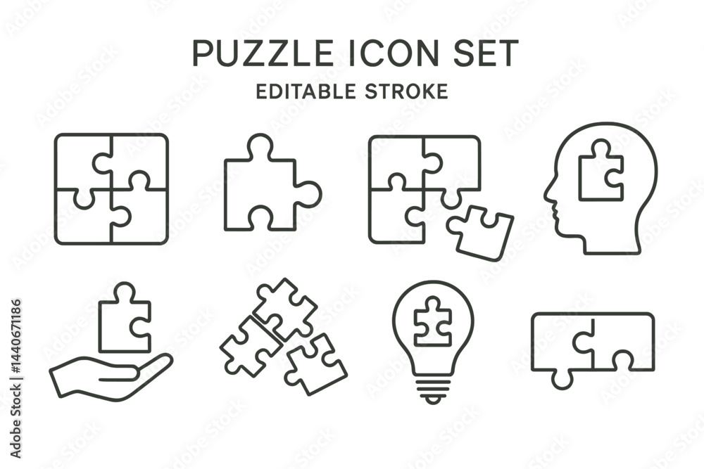 Poster various puzzle icons in a simple line art style representing creativity, problem solving, and teamwo