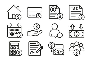 Icons representing various financial concepts including transactions, taxation, budgeting, and investment strategies in a modern design