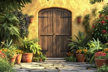 A sun-drenched garden entrance with a weathered wooden door.