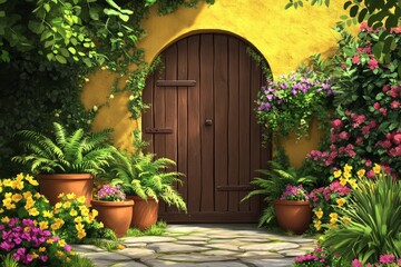Fototapeta premium Ornate, yellow-walled garden entrance with a brown door.