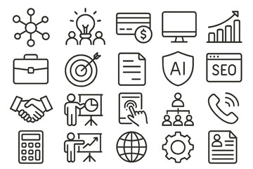 Collection of business and technology icons representing collaboration, financial planning, and data analysis in a corporate environment
