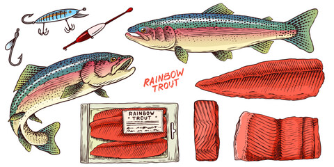 Rainbow trout collection with fish package and chunk of meat.River fishing elements and filet, salmon or other sea food fishing tackle and hook, bobber 