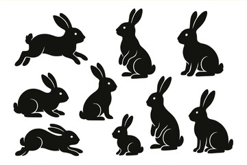 Various silhouettes of rabbits in different poses and sizes against a plain background perfect for artistic designs