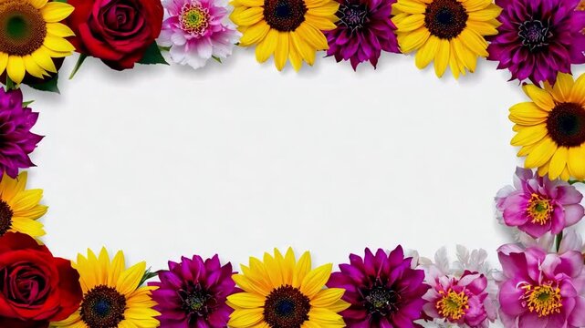 Bright floral frame with sunflowers, roses, and dahlias on white background. Festive vibrant flowers border with copy space for text, greeting, or wedding invitation.