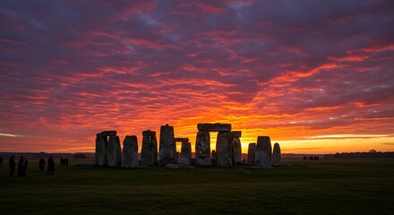 Stonehenge's Ancient Stones Silhouetted Against a Fiery Dawn Sky, Wiltshire, England, Evoking Mystery & Wonder with Vivid Orange, Purple, and Silhouette Detai