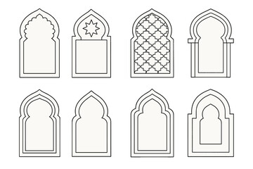 Decorative architectural designs featuring various window shapes and patterns in a Moroccan style