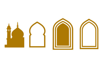 Architectural elements of a mosque with stylized minarets and arches presented in a simple, elegant design