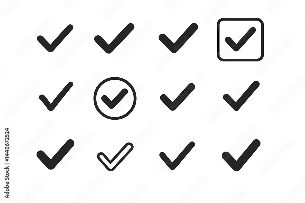 Poster variety of check marks displayed in different styles and shapes on a plain background for design use
