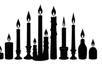 Collection of various candle silhouettes arranged in different heights with flickering flames showcasing a serene atmosphere