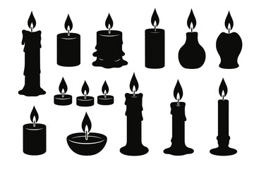 Various candles with flames in different shapes and sizes for decorative and lighting purposes