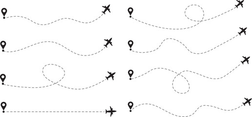 Obraz premium Airplane line path routes. Travel from start point and location dotted line tracing. Plane routes flight air dotted. Aircraft route dotted lines. Plane and track icon on a white background.