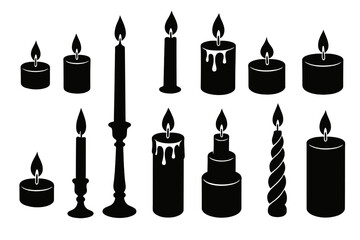 Various types of candles with different shapes and sizes illuminated in a dark setting