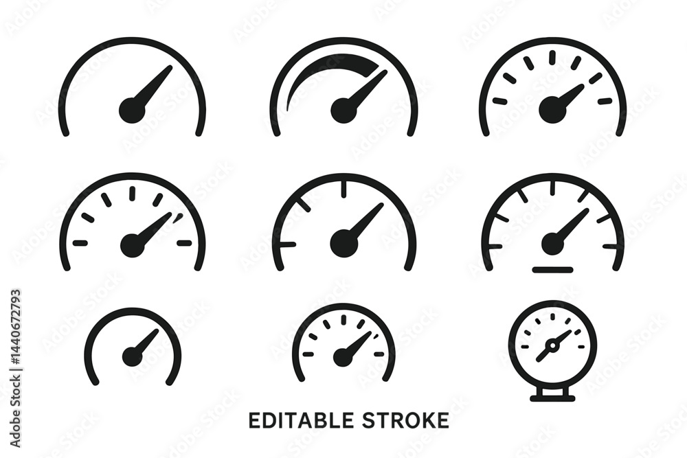 Poster collection of black and white gauge icons varying in design and size for data visualization and user