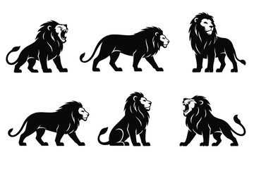 Various artistic representations of lions showcasing different postures and expressions in a bold black silhouette style