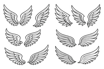 Various wing designs in black and white showcasing different styles and shapes for artistic inspiration and drawing reference