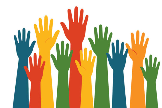 Colorful hands raised in unity to symbolize community support and collaboration during an event