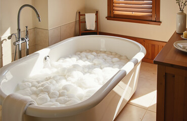 Luxurious freestanding bathtub filled with bubbles, warm lighting, inviting atmosphere.