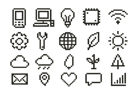 Collection of pixel art icons representing technology and nature in a modern design style