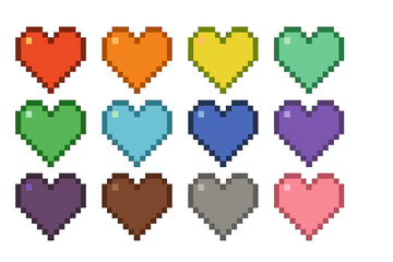 Colorful pixel hearts arranged in a vibrant grid display a blend of emotions and creativity