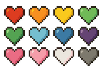 Colorful pixelated hearts arranged in a grid layout showcasing various hues and shades