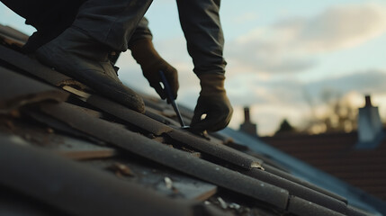 Roof Repair: Worker Using Tools on Rooftop