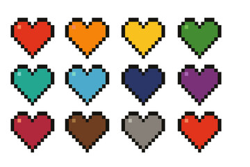 Colorful pixel hearts arranged in a grid pattern showcasing various shades and emotions