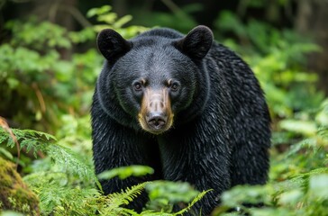 Fototapeta premium Majestic Black Bear Strolling Through Lush Green Forest Foliage in the Wild, Capturing Nature's Beauty and Wilderness Essence