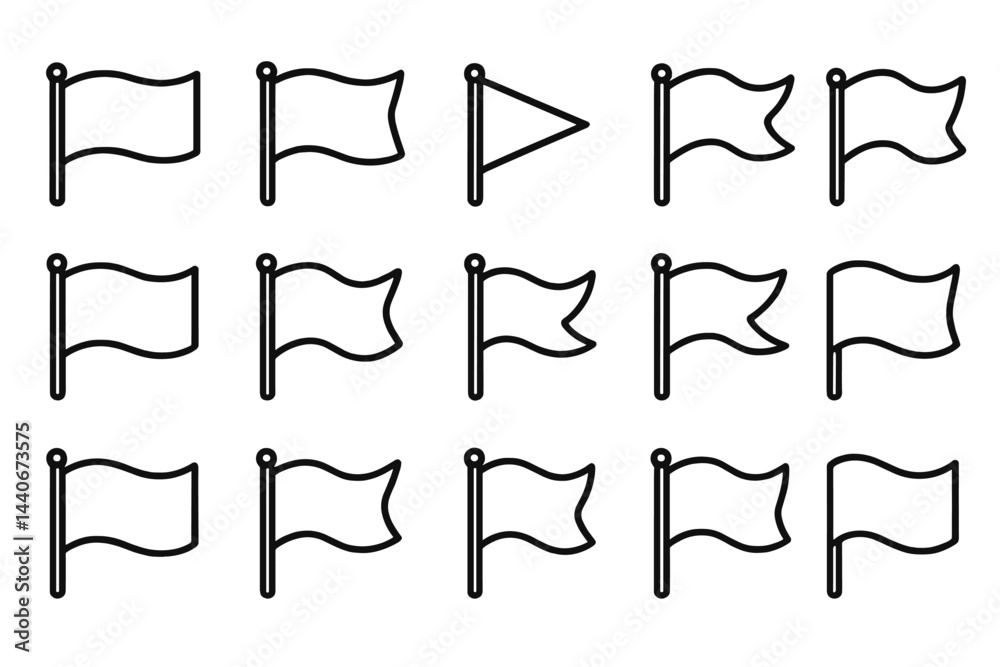 Poster collection of simple line-drawn flags arranged in a grid pattern with various orientations and sizes