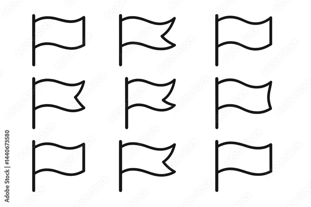 Poster multiple flag designs arranged in a grid showcasing various shapes and orientations in a clean minim