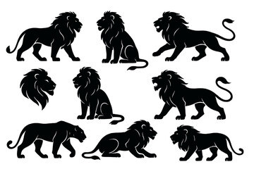 Naklejka premium Collection of black silhouette illustrations of lions displaying various poses and expressions for design use