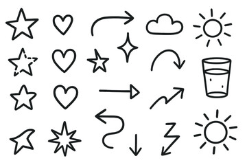 Symbols and icons collection showcasing arrows, hearts, stars, and weather elements drawn in a minimalist style