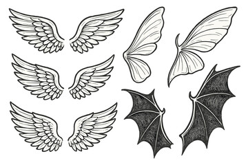 Obraz premium Various wing designs showcasing angelic, butterfly, and bat motifs in detailed line art style