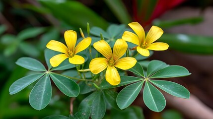 Fototapeta premium Close-up of vibrant yellow flowers with green foliage, capturing natural beauty