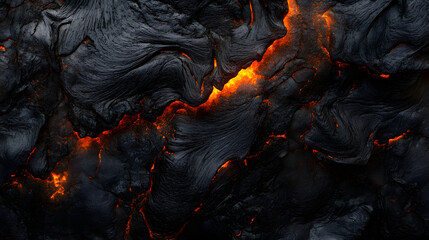 Superheated lava forming intricate patterns as it slowly cools into blackened rock.