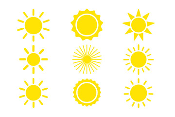 Collection of sun graphics in vibrant yellow showcasing various styles and designs for creative projects