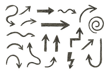 Various hand-drawn arrows and shapes created with black pencil on white background showcasing diverse directions and movements