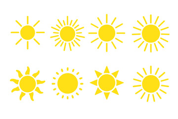 Bright and cheerful sun icons in various designs radiating positivity and warmth for creative projects