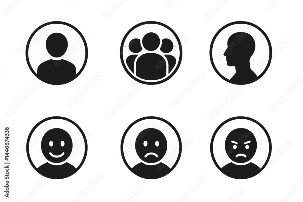 Poster collection of silhouette icons representing different emotions and group dynamics in a simple design