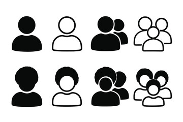Diverse group of personas represented in graphic black and white illustrations showcasing various silhouettes of people engaged in social interaction