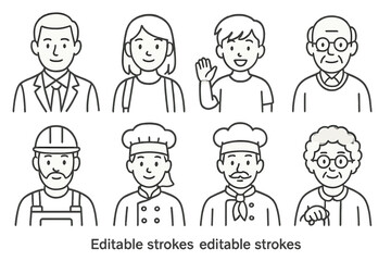 Various characters displaying different professions and ages in simple illustrations